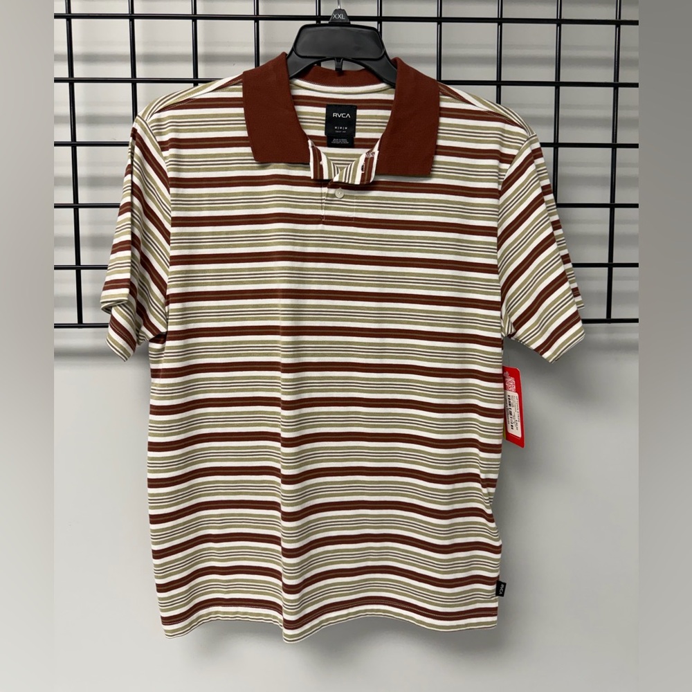 RVCA Men's Brown and White Striped Polo Shirt